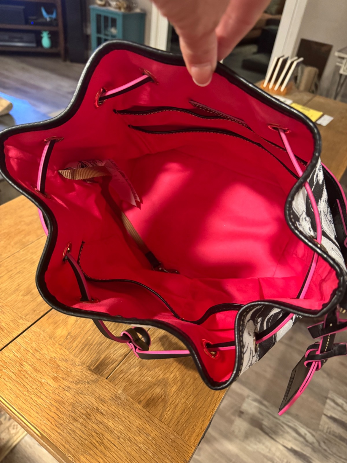 Dooney & Bourke Disney Black White Pink Dumbo Drawstring Bucket Purse Handbag