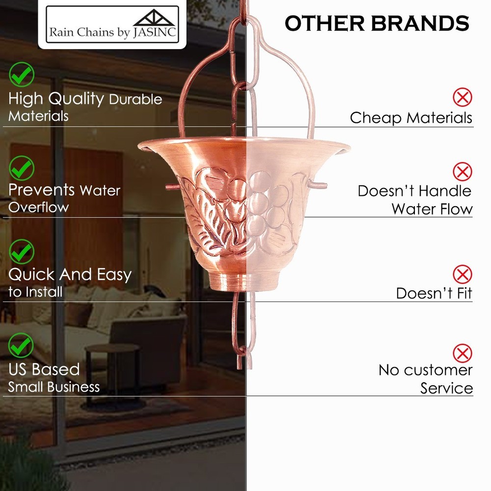 8.5 ft rain chain Pure Solid Copper Vinyard cups JAS8005C NEW