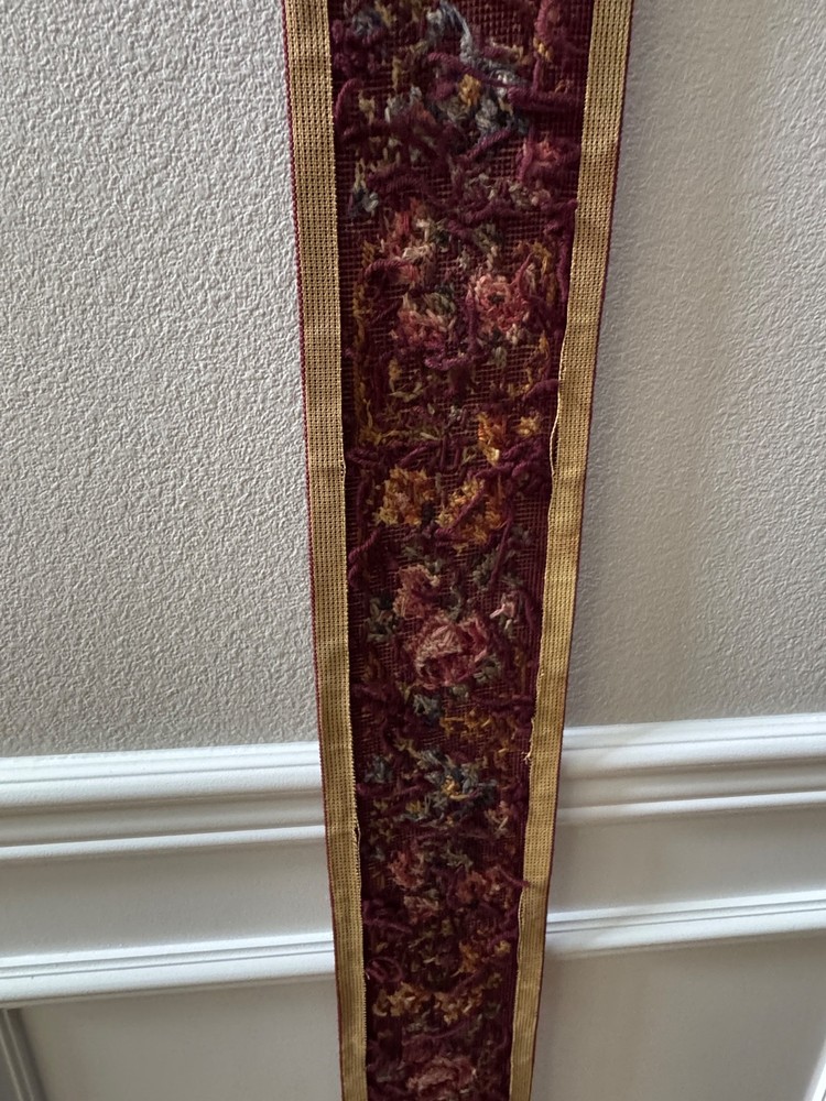 VINTAGE 63” NEEDLEPOINT BELL PULL ORNATE BRASS GRAPE HARDWARE HAND EMBROIDERED