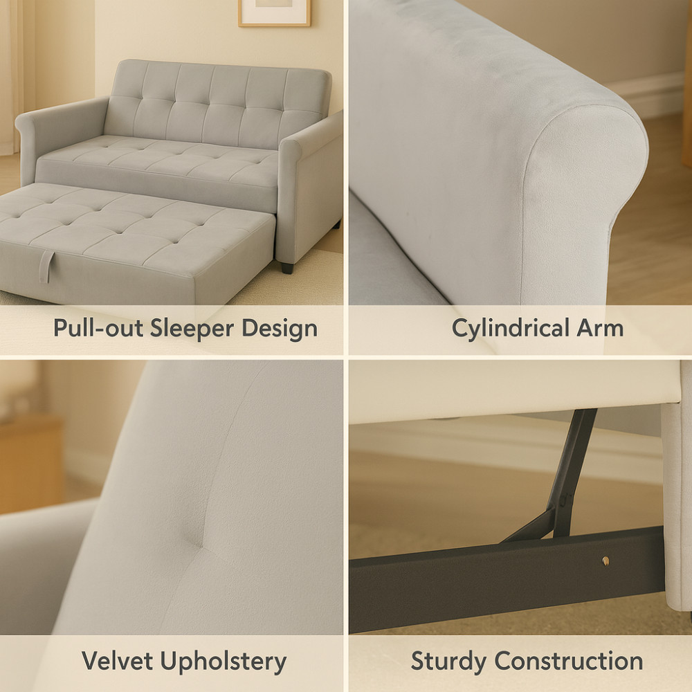 2-Seater Convertible Velvet Loveseat Sofa Bed-Gray Pull-Out,Side Pocket,Compact