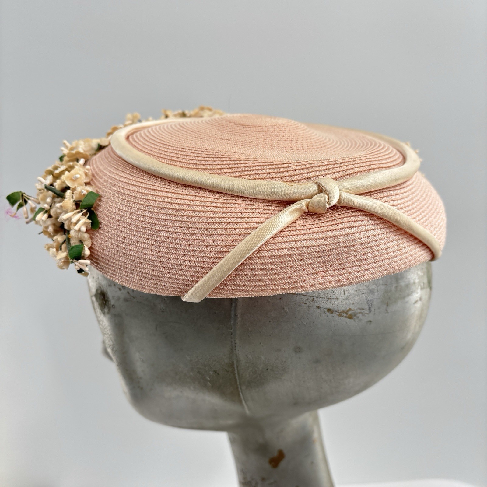 Vtg 60s Bon Rey Pink Floral Straw Hat Garden Party Tea Wedding