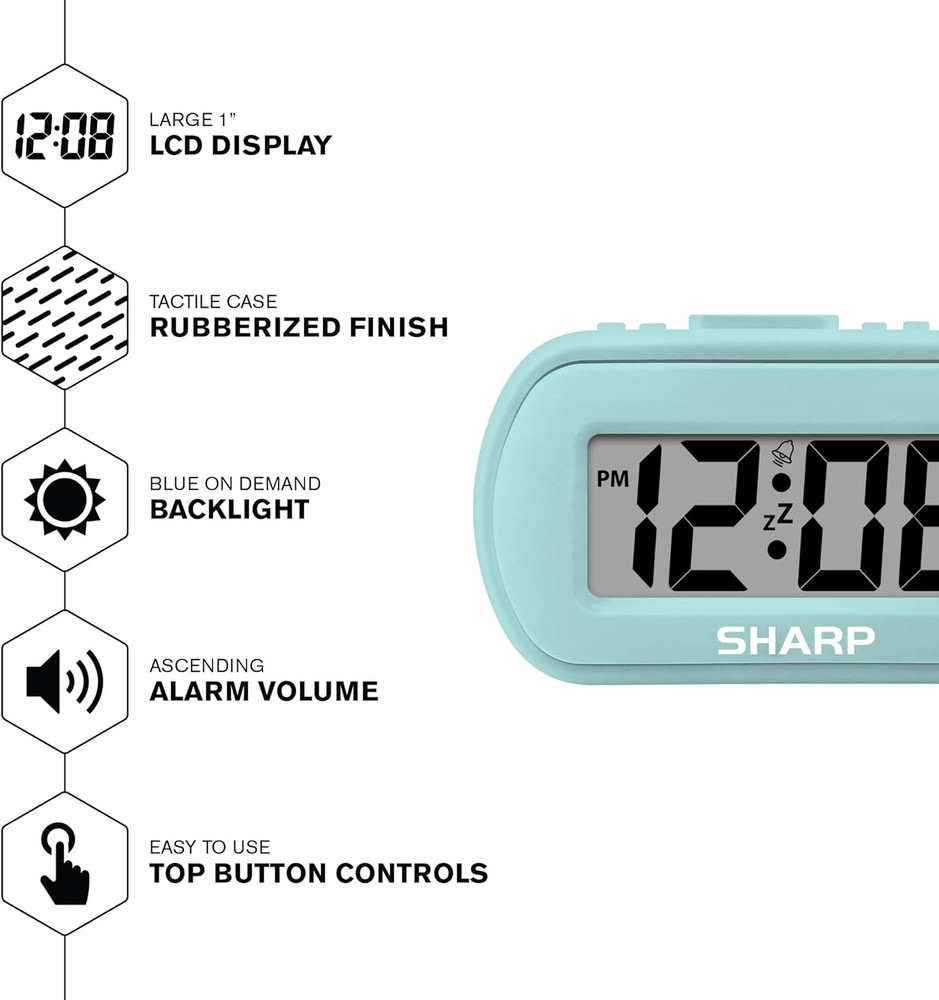 SHARP Digital Alarm Clock – Tactile Case with Soft Rubberized Finish - Battery O