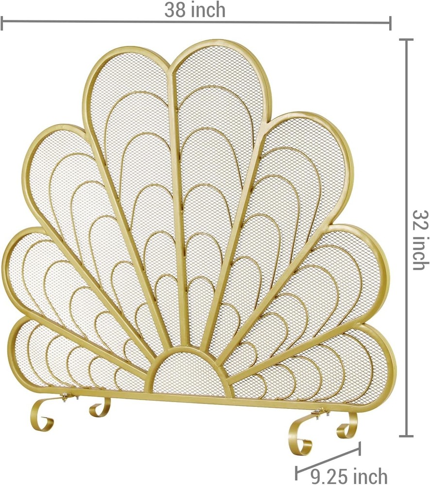 Freestanding Peacock Feather Fireplace Screen Brass Tone