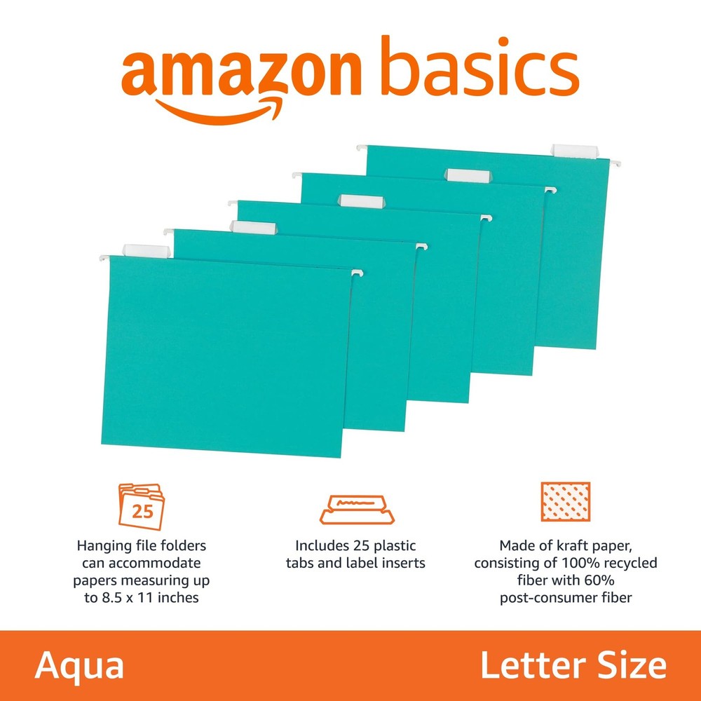 Amazon Basics Hanging File Folders Letter 25-Pack Aqua