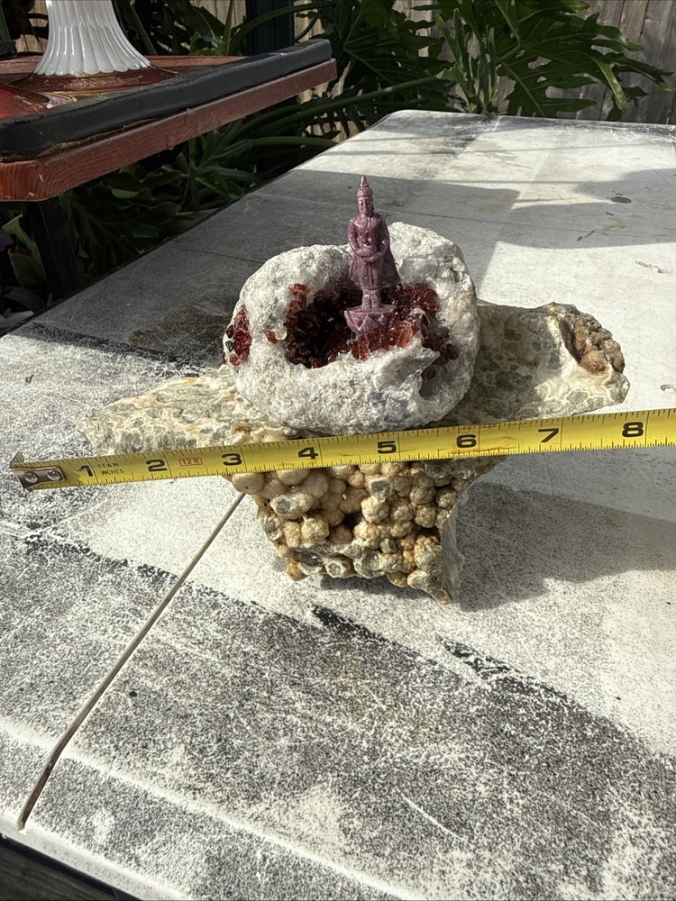 Carved Ruby Buhda On Ocean Jasper Faced Rough, Incredible Orbs Red Crystals 6”