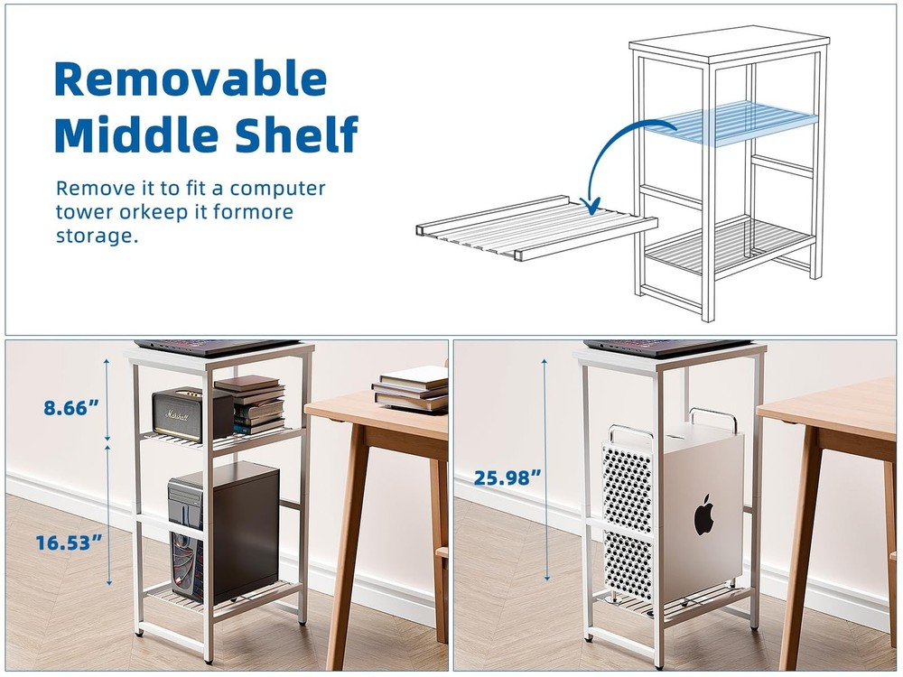 3 Tier Metal Printer Stand Shelf, White Side Table for Printer, Fax Marchine