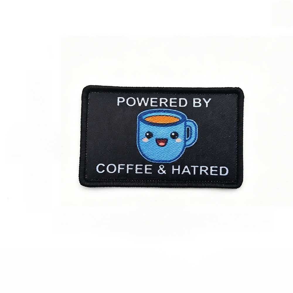 Powered by coffee and hatred 2"x3" hook & loop patch Badge funny meme black blue