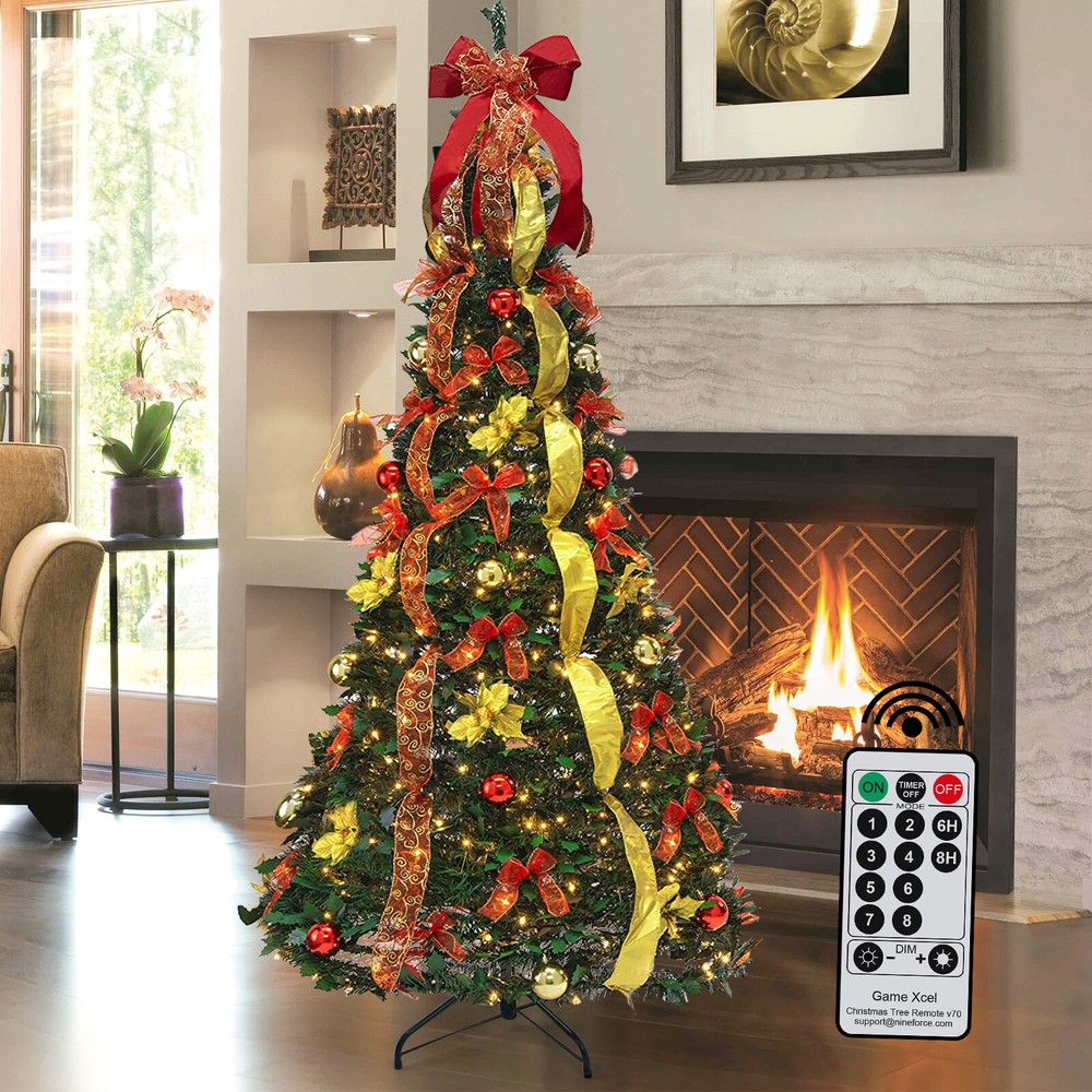 6Ft Pre-lit Christmas Tree Pull-Up Christmas Tree with Remote & 200 LED Lights