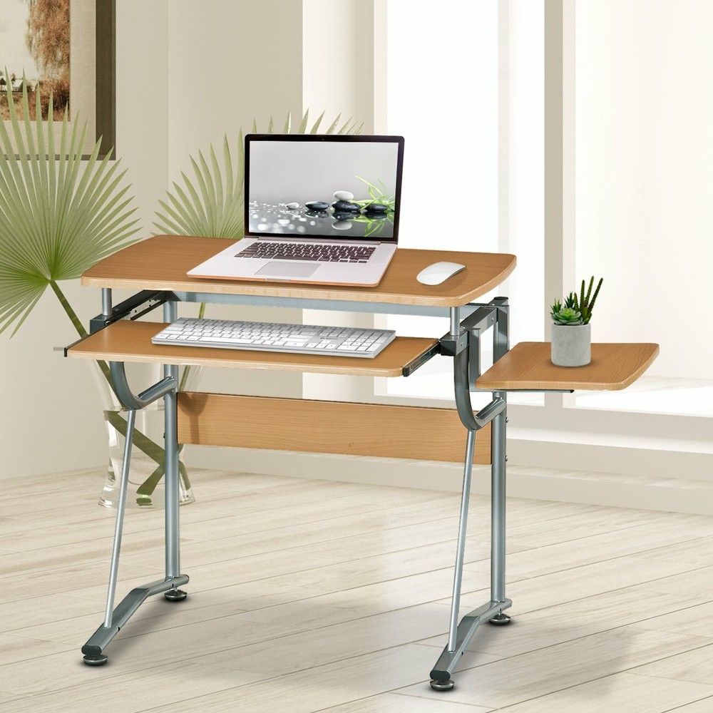 Compact Computer Desk with Pullout Keyboard Tray in Laminated Cherry Finish