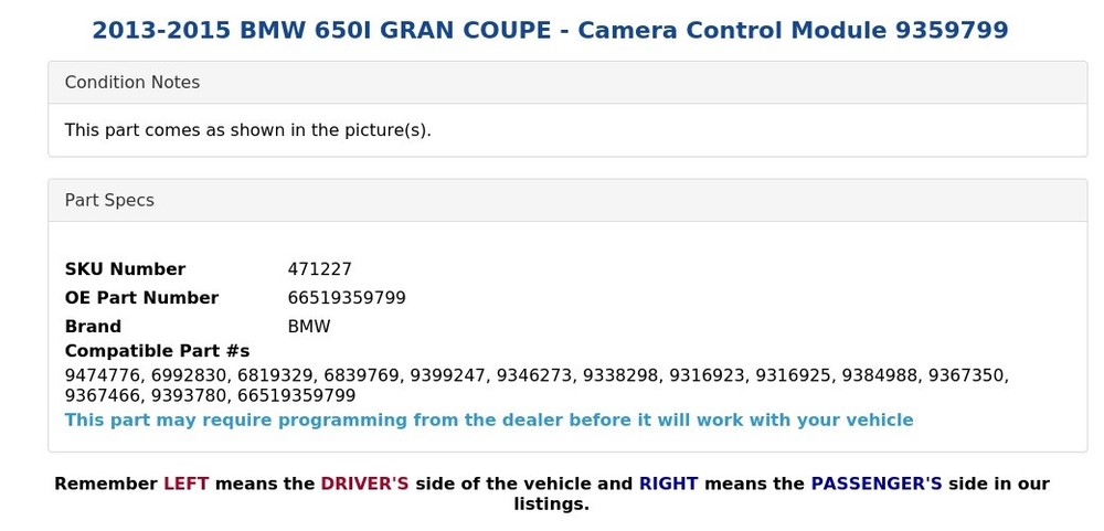 2013-2015 BMW 650I GRAN COUPE - Camera Control Module 9359799
