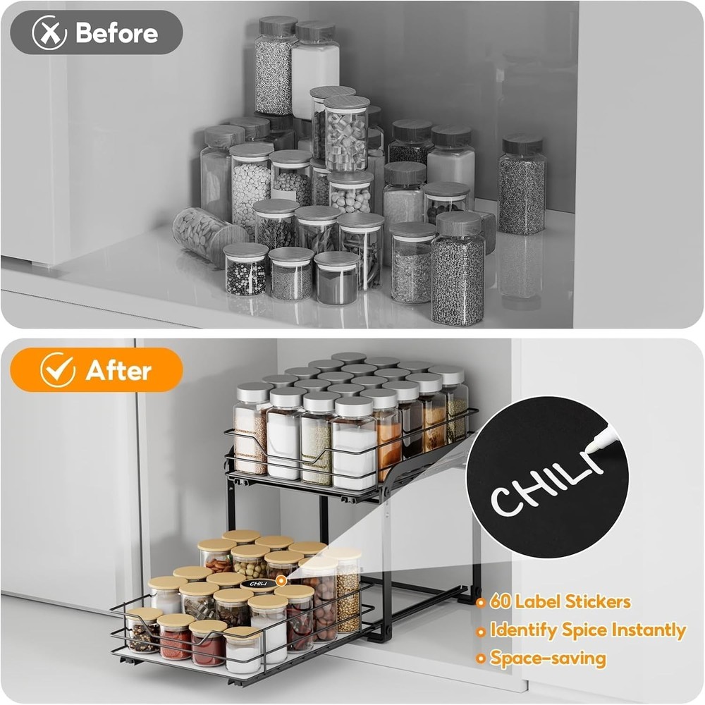 Spice Rack Organizer for Cabinet, 2 Tier Vertical Pull Out Spice Rack – Heavy...