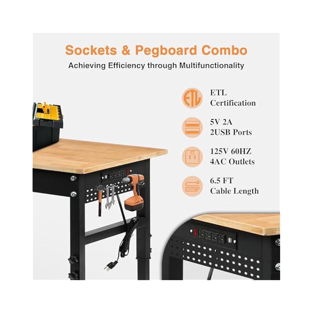 70" Workbench with Pegboard, Adjustable Height, 2000lb Heavy Duty Table