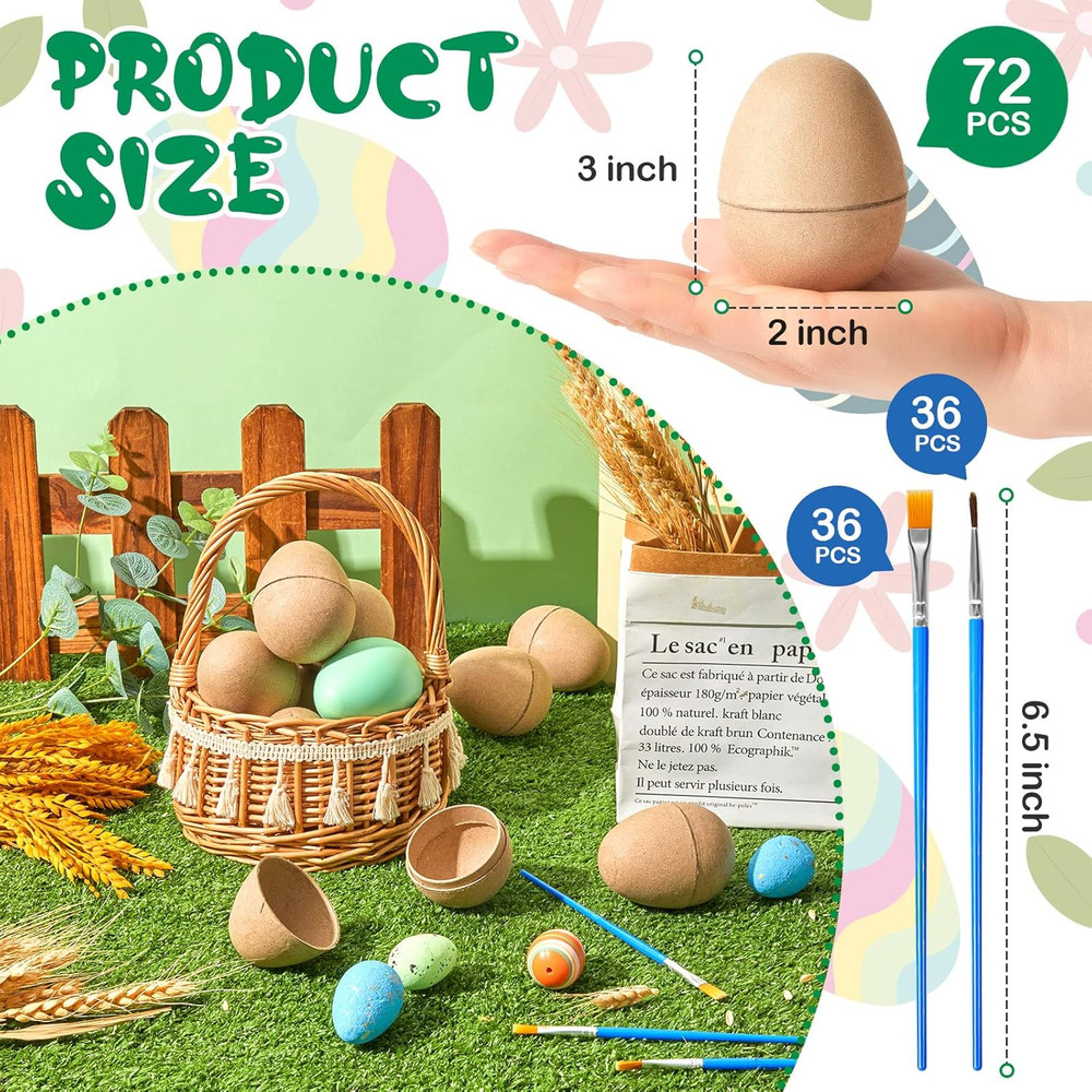 72 Pcs DIY Paper Mache Easter Eggs Bulk 3 Inch Empty Easter Egg with 72 Pcs Pain