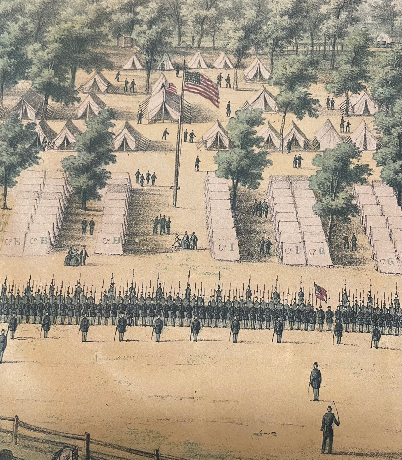 Antique 1862 CAMP BELGER CIVIL WAR Encampment SACHSE Lithograph - Currier School