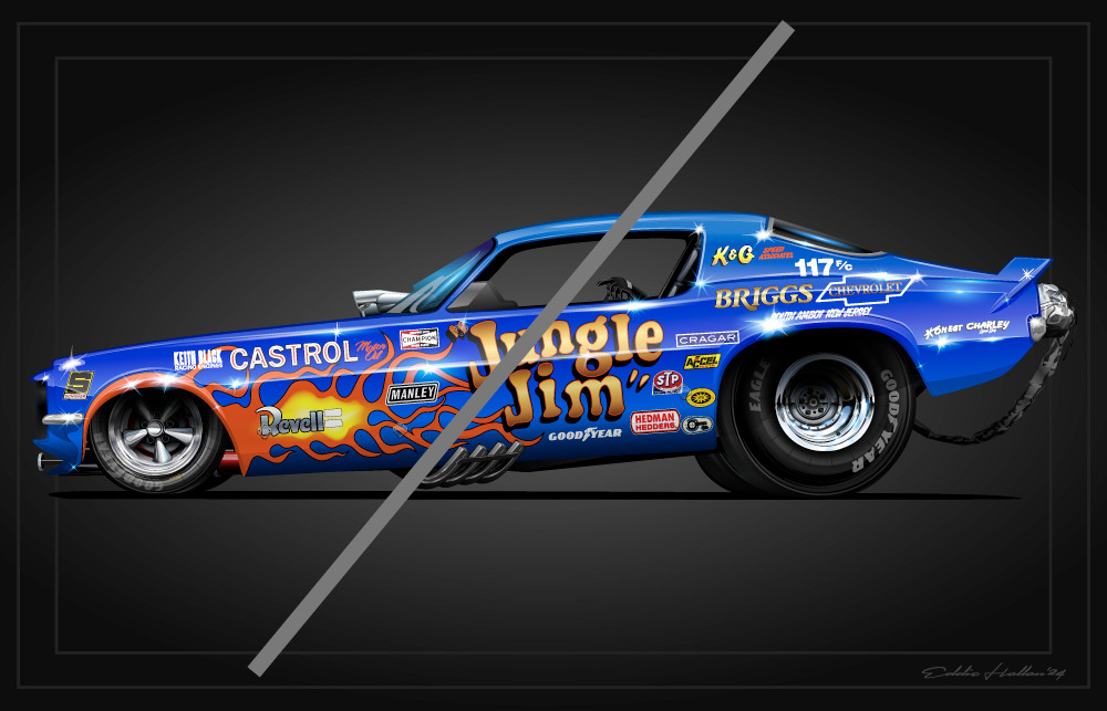 Jungle Jim Lieberman Blue 1973 Camaro Funny Car 28X18" Poster FC055