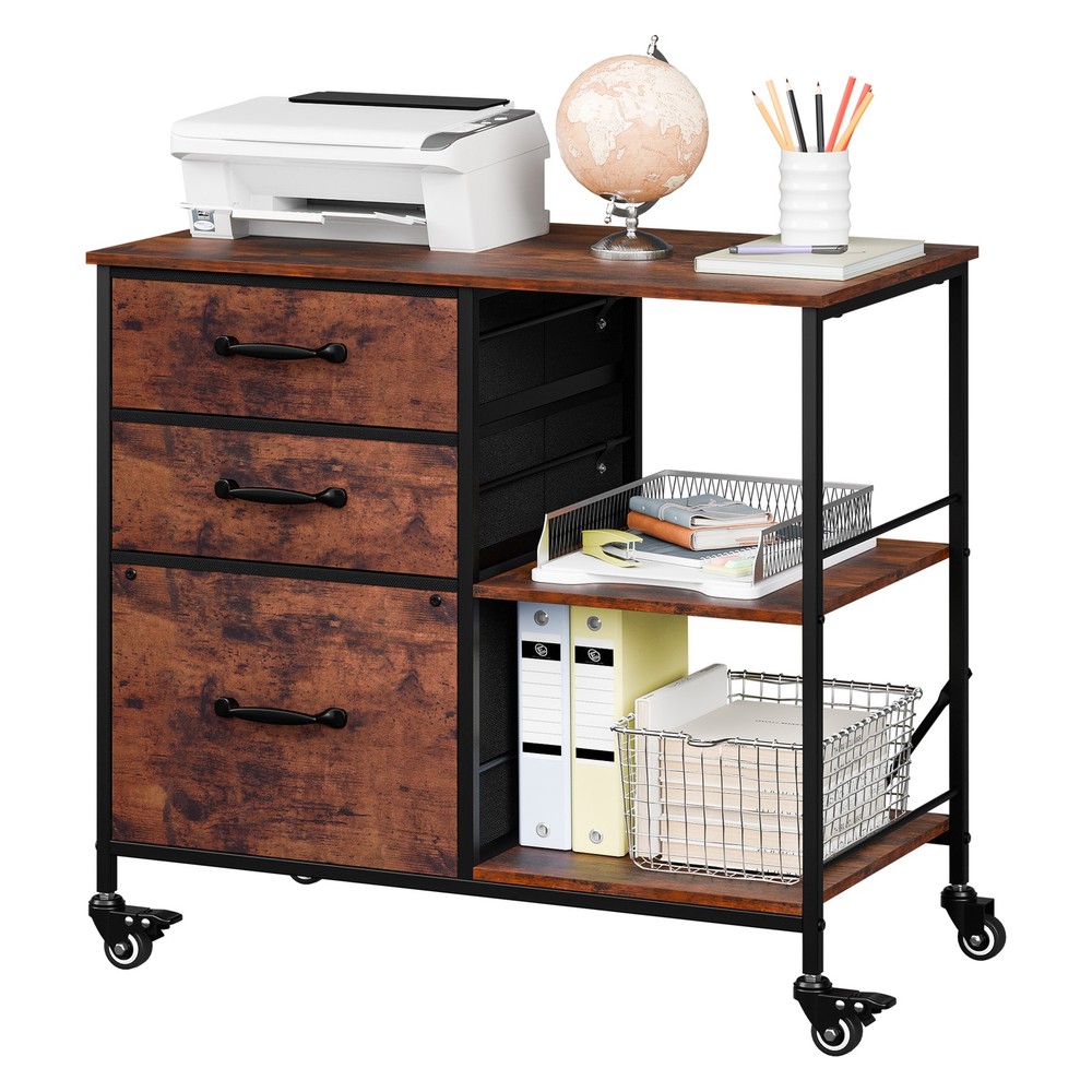 Mobile File Cabinet w/ 3 Drawers & Open Shelf Rolling Printer Stand Rustic Brown