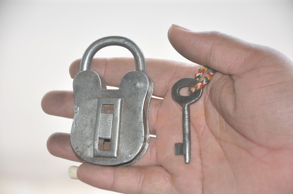 Vintage Iron Handcrafted Unique Shape Flat German Padlock