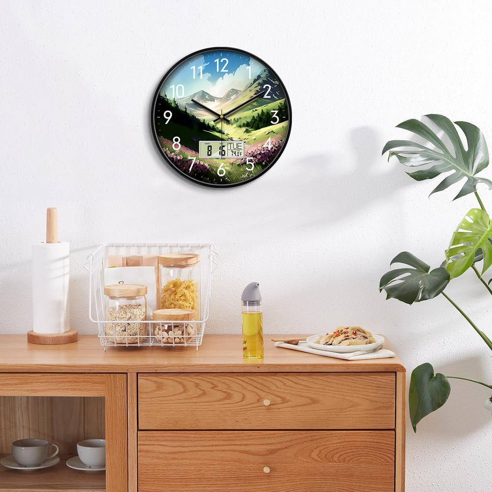 Digital Large Display Silent Wall Clock with Temperature Date Mountain Flowers M