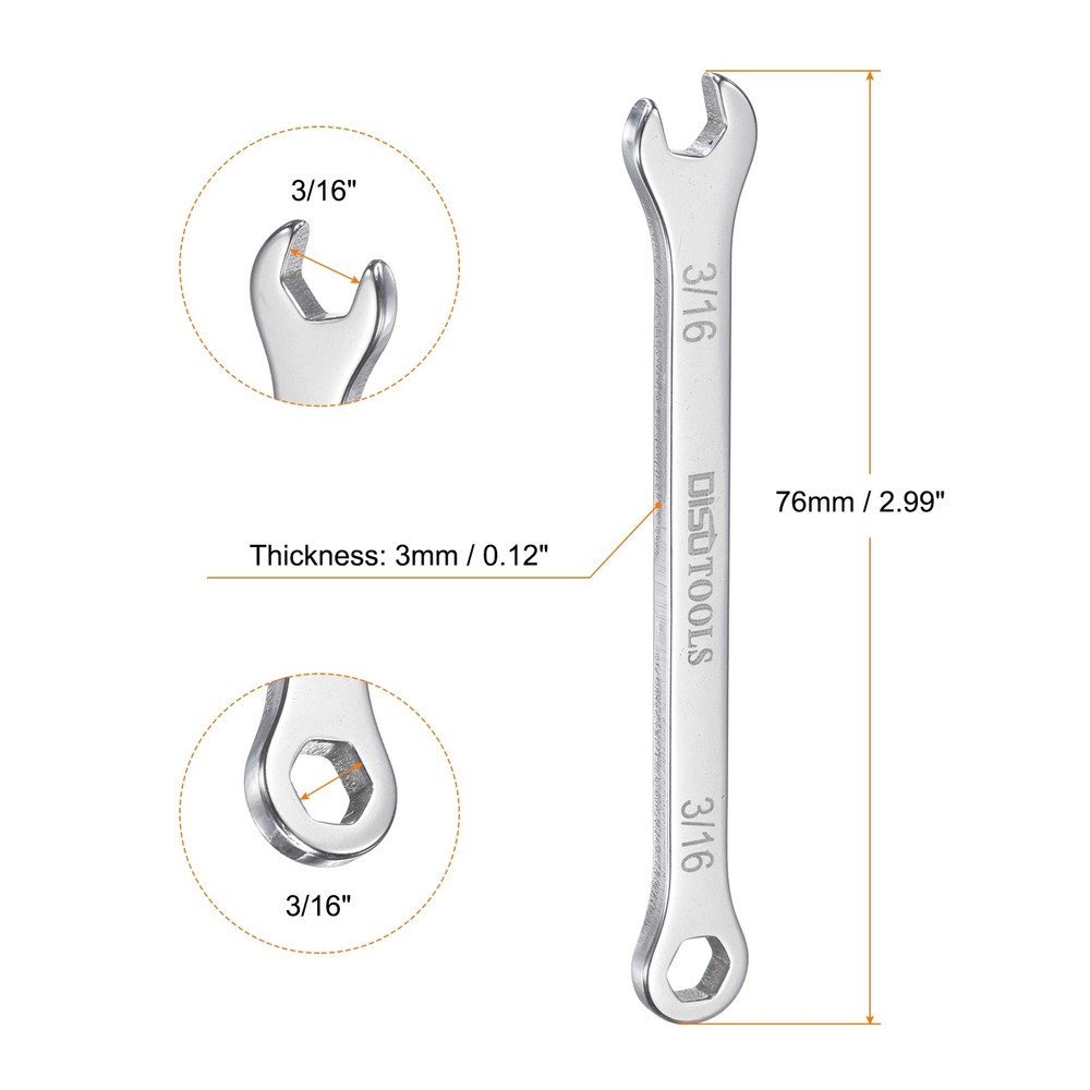 Thin Combination Wrench 3/16" with 12-Point Ended 15°Angled Open End