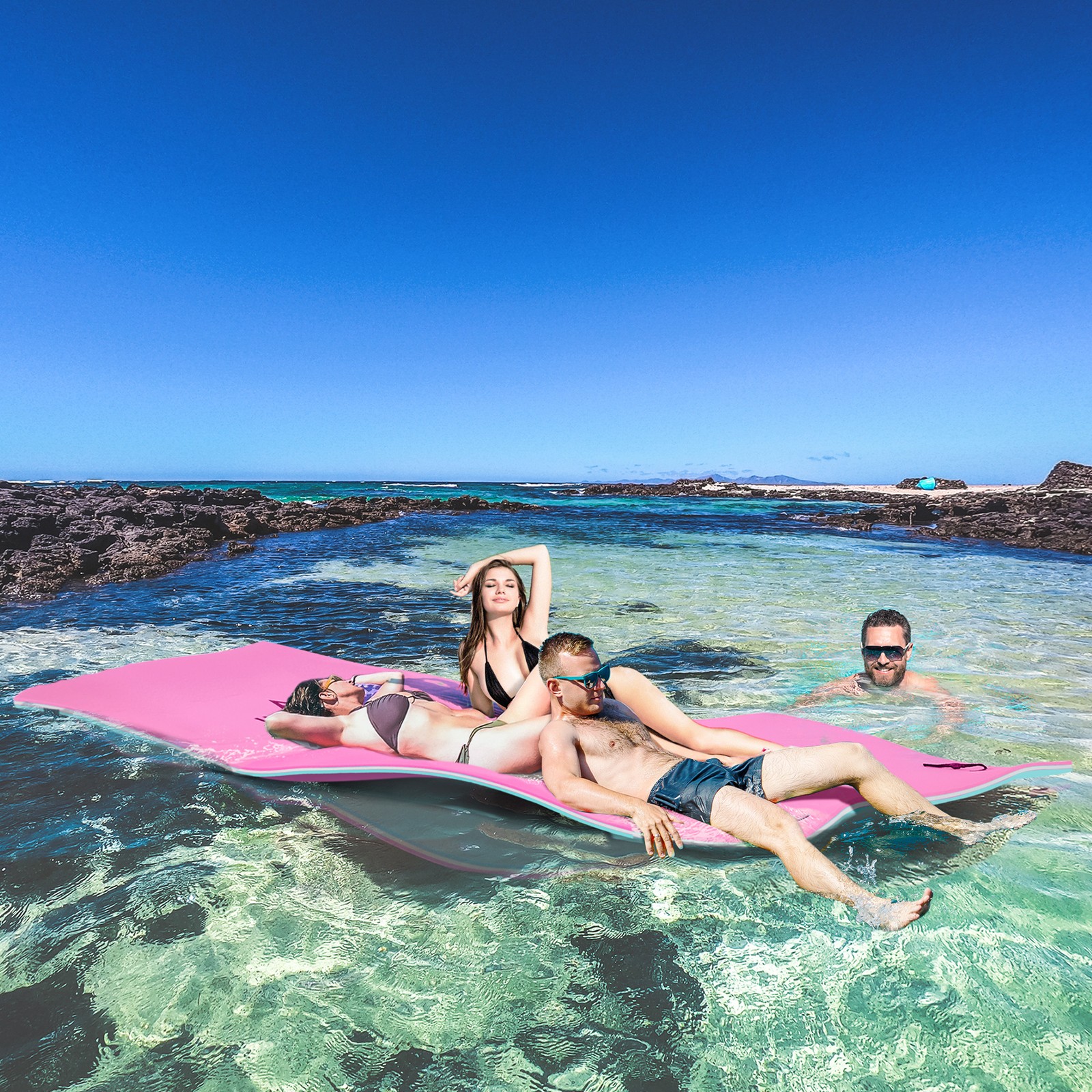 12.5' x 5' Floating Mat with Drink Holders 3-Layer Lily Pad, Pink