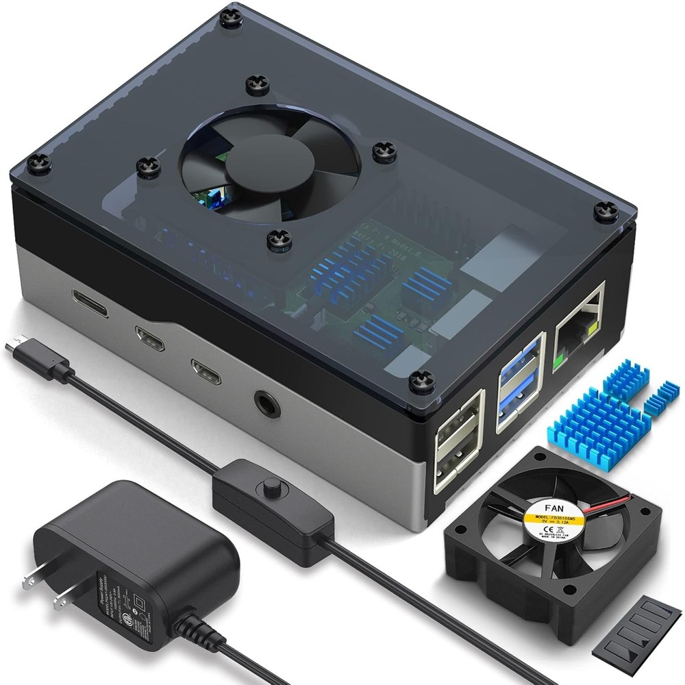 Raspberry Pi 4 Case with Fan Cooling Pi 4B Case with 5V 3A Power Supply, 4 pc...