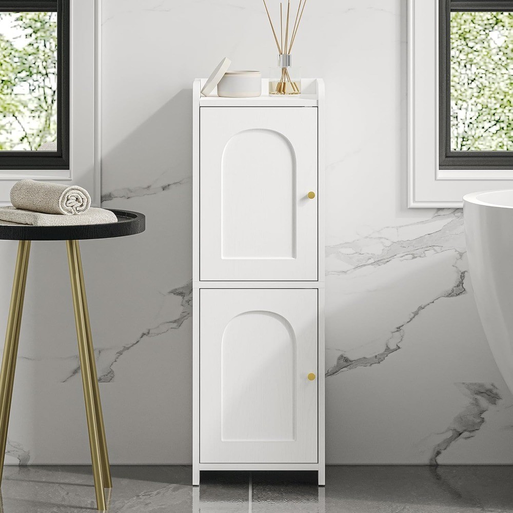 Small Corner Bathroom Storage Cabinet with 2 Doors Adjustable Shelf Narrow Floor