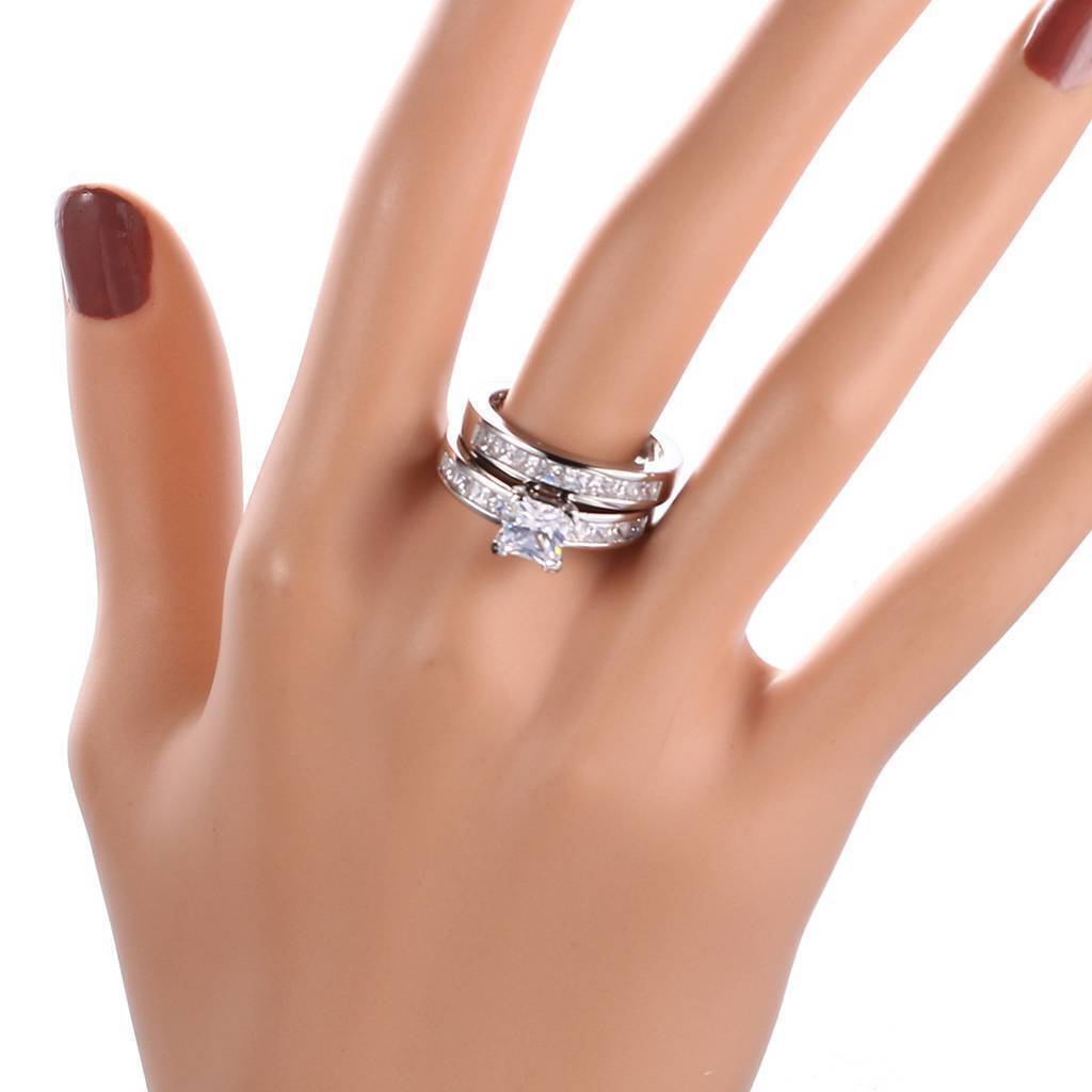Princess Round Cut AAA CZ Stainless Steel Wedding Band Ring Set Women Size 6-10