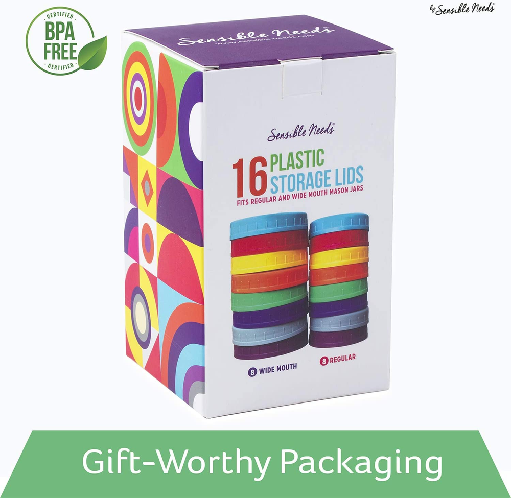Sensible Needs 16 Pack Colored Plastic Storage Lids Mason Jar 8 Regular &Wide