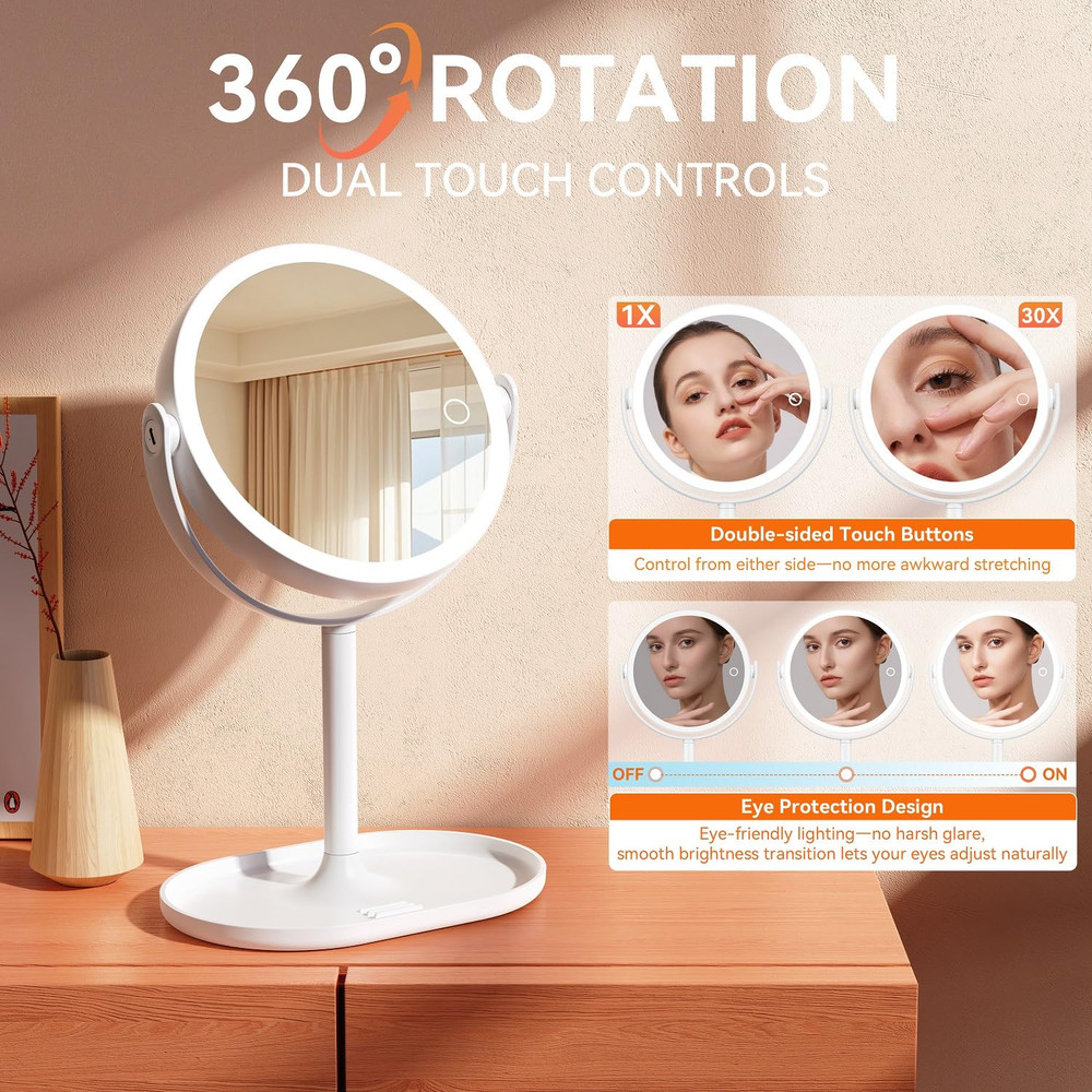 Illuminated Double-Sided 30X/1X Magnifying Touch Screen Makeup Mirror