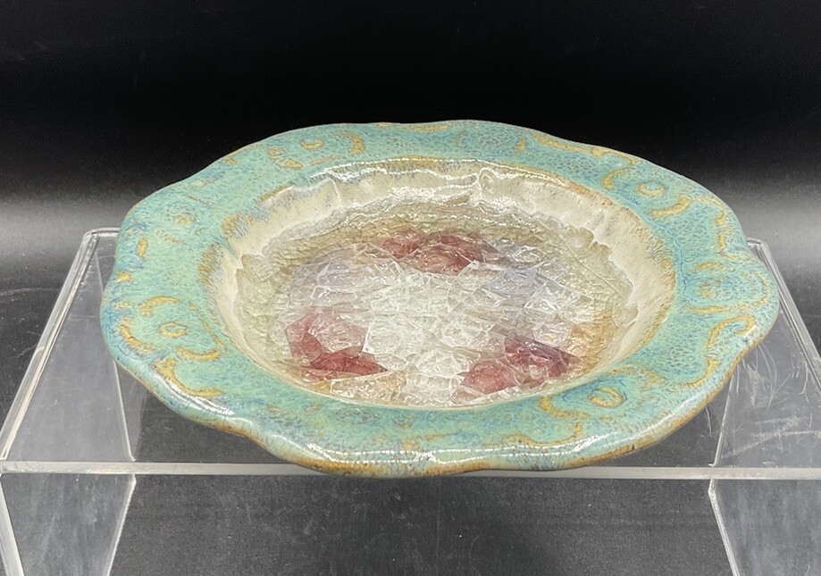 CERAMIC ART POTTERY CRUSHED GLASS TRINKET DISH