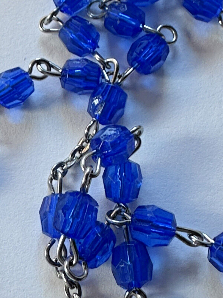 Estate 1960s Vintage Silver Tone Cobalt Blue Crystal Rosary w Case