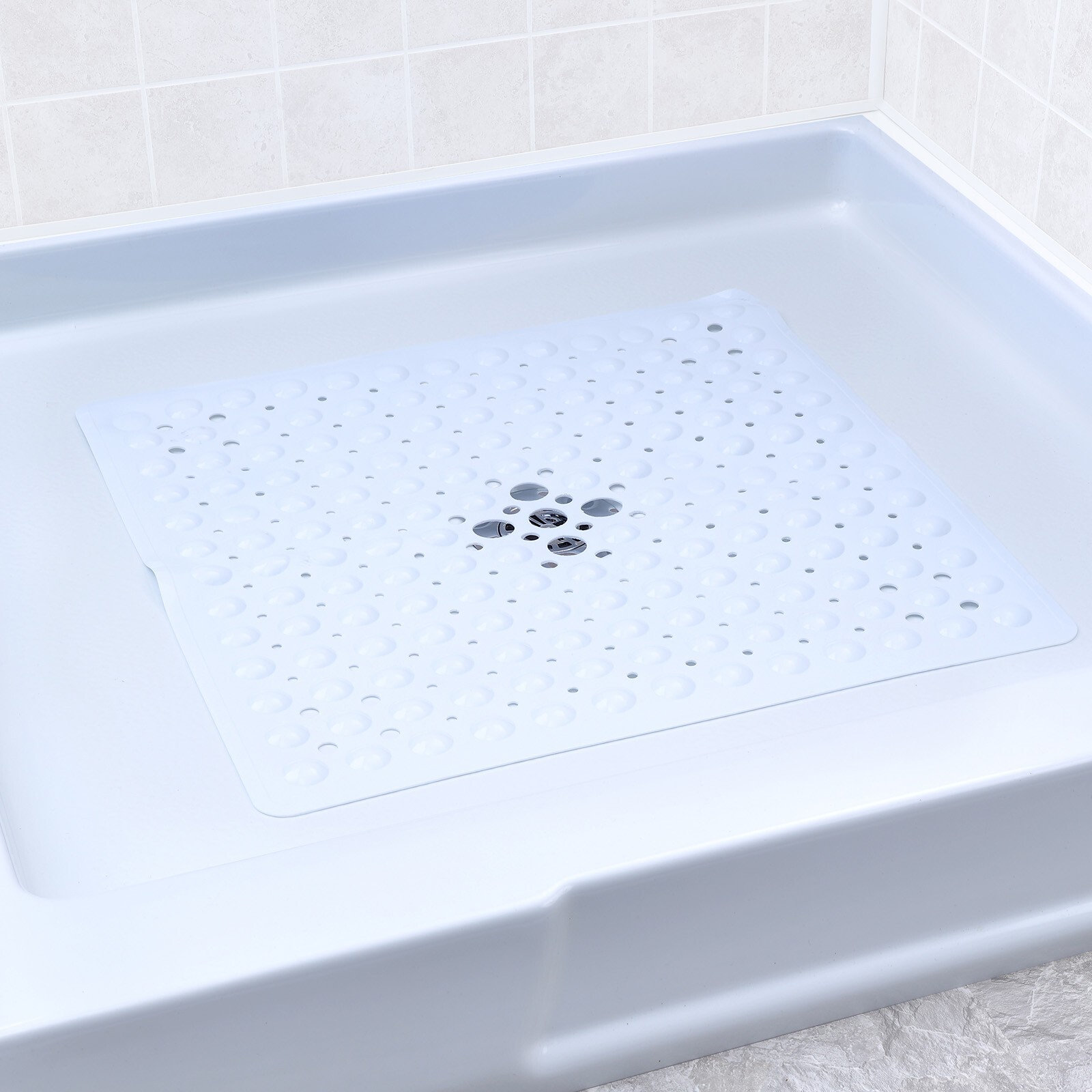 Large Non-Slip Shower Mat with Drain Holes: White Square Shower Mat