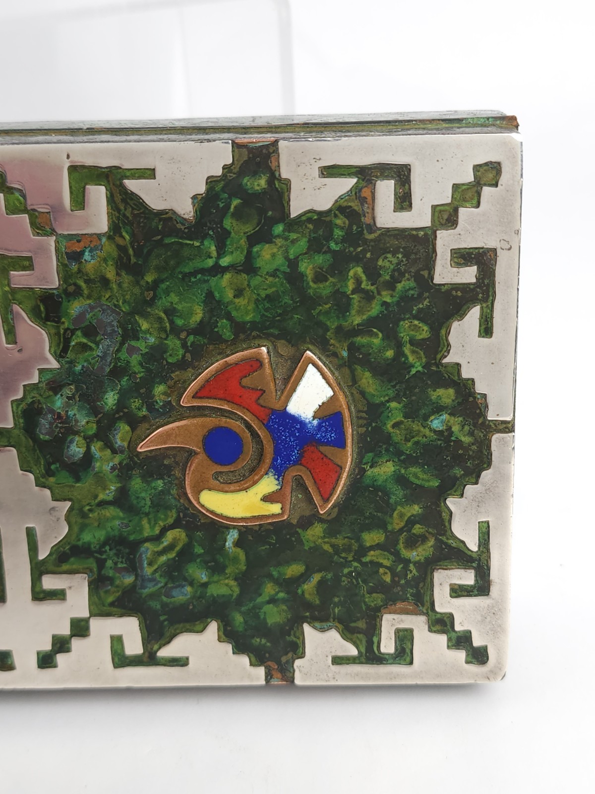 Vintage Peru Enameled Copper Cigarette Trinket Box Silver Tone Metal Bird Bull