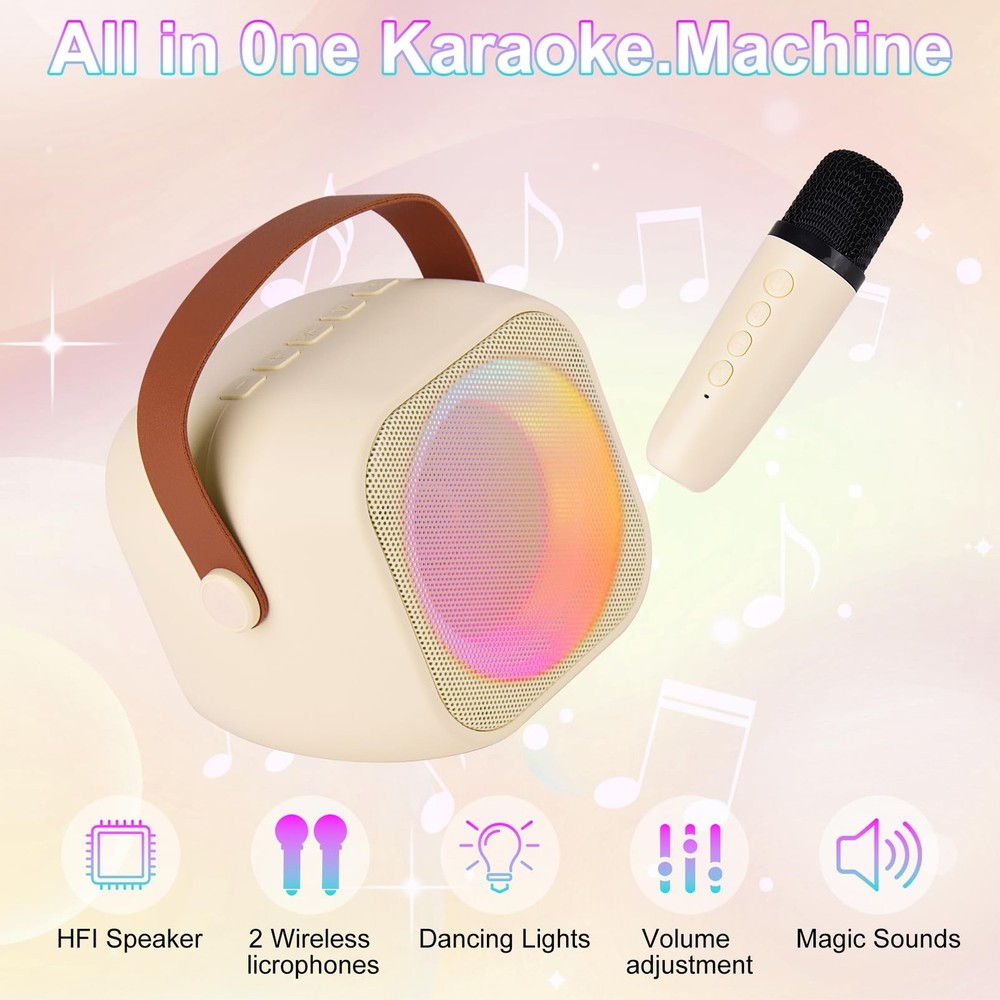 Beige Mini Portable Bluetooth Karaoke Speaker Machine with 2 Wireless Mics