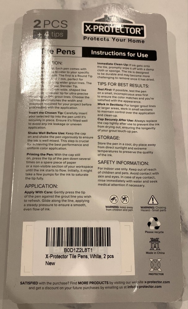 X-Protector Water Based Grout Marker - 2 PCs with 4 Tips, White, FAST SHIPPING!