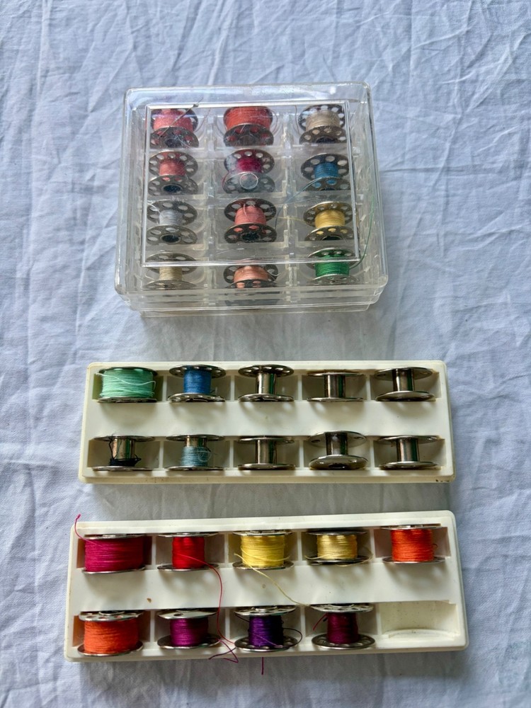 Vintage Sewing Machine Metal Bobbins  24 w/thread and 8 without thread