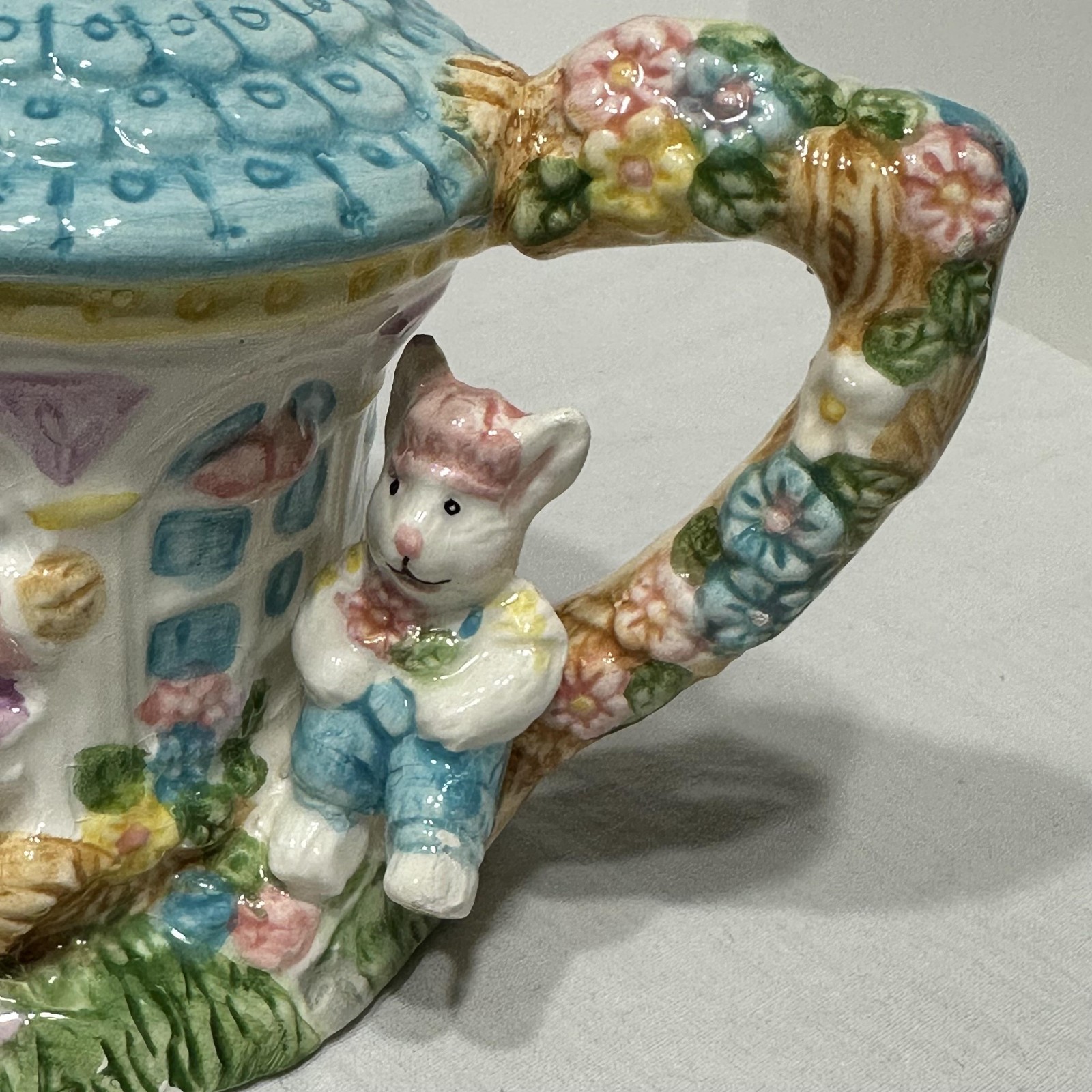 Vintage Mercuries Bunny Cottage House Teapot Ceramic Easter Floral Pastel 1994