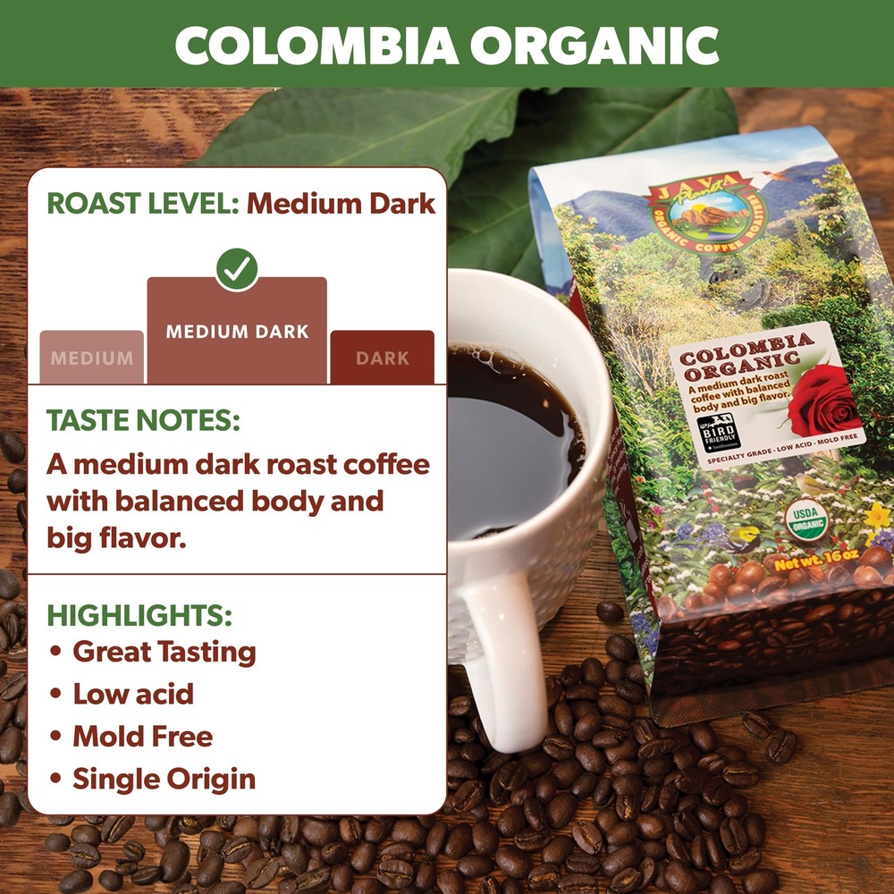 Java Planet Organic Colombian Coffee - Low Acid Medium Dark Roast 1LB