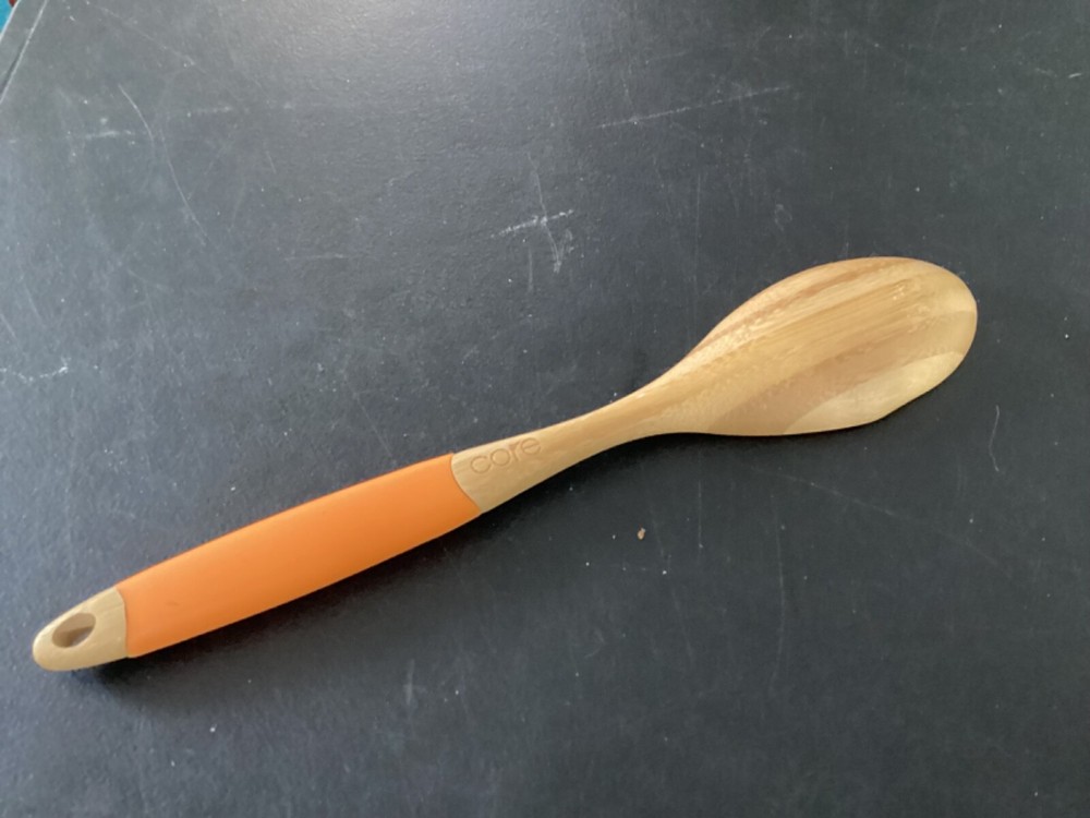 Wooden Spoon with orange rubber handle