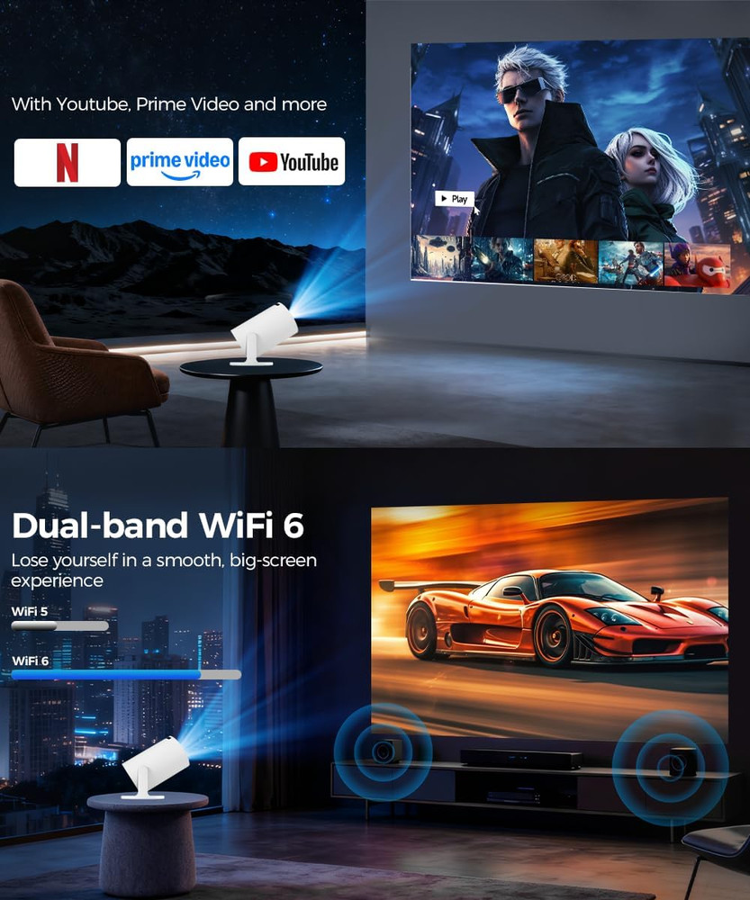 Mini Projector with Wifi and Bluetooth, 4K Support Smart Portable Projector, Sma
