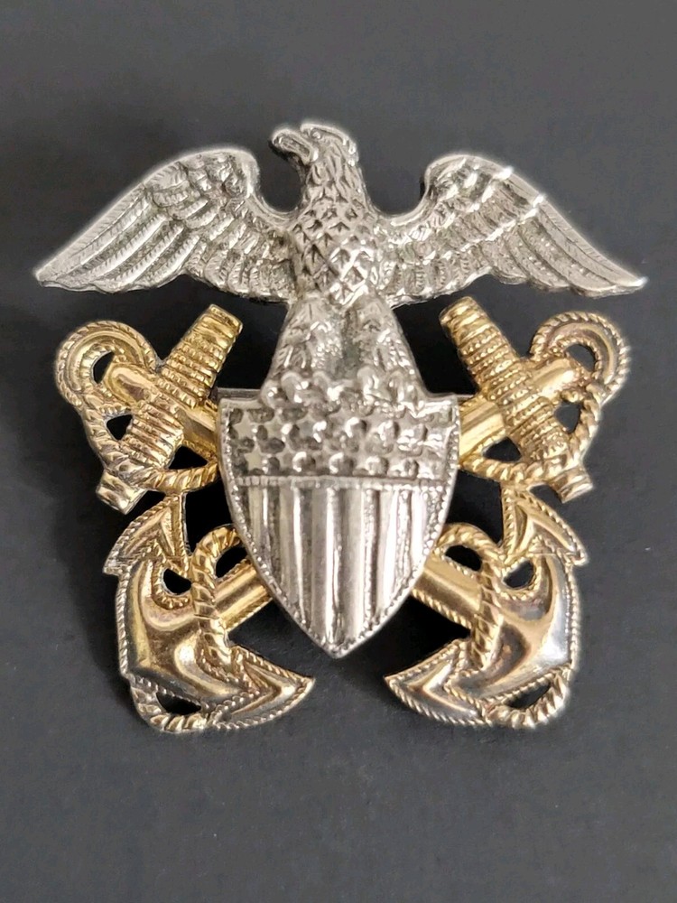 Vtg WW2 Military Navy Eagle Shield Anchors Pin 1/20 10k Gold over Sterling H-H