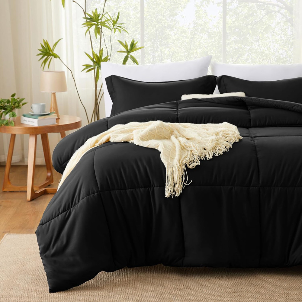 Full Size Comforter Sets - Black Comforter Full Size, 3 Pieces Box Stitched Bed