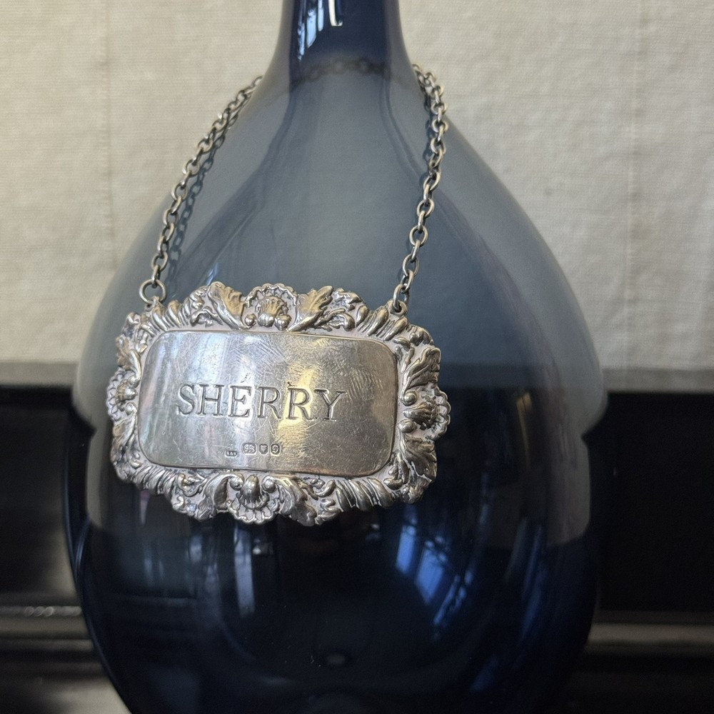 Hallmarked Sterling Silver SHERRY Decanter Label, 1978, London, Shell Pattern