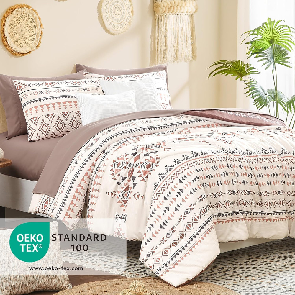 Queen Comforter Set - 7 Pieces Reversible Bedding Set, Boho Bed in a Bag, Lightw