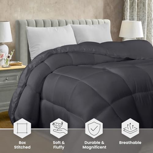 Comforter Duvet Insert, Quilted Comforter with Corner Tabs, Box Queen Grey