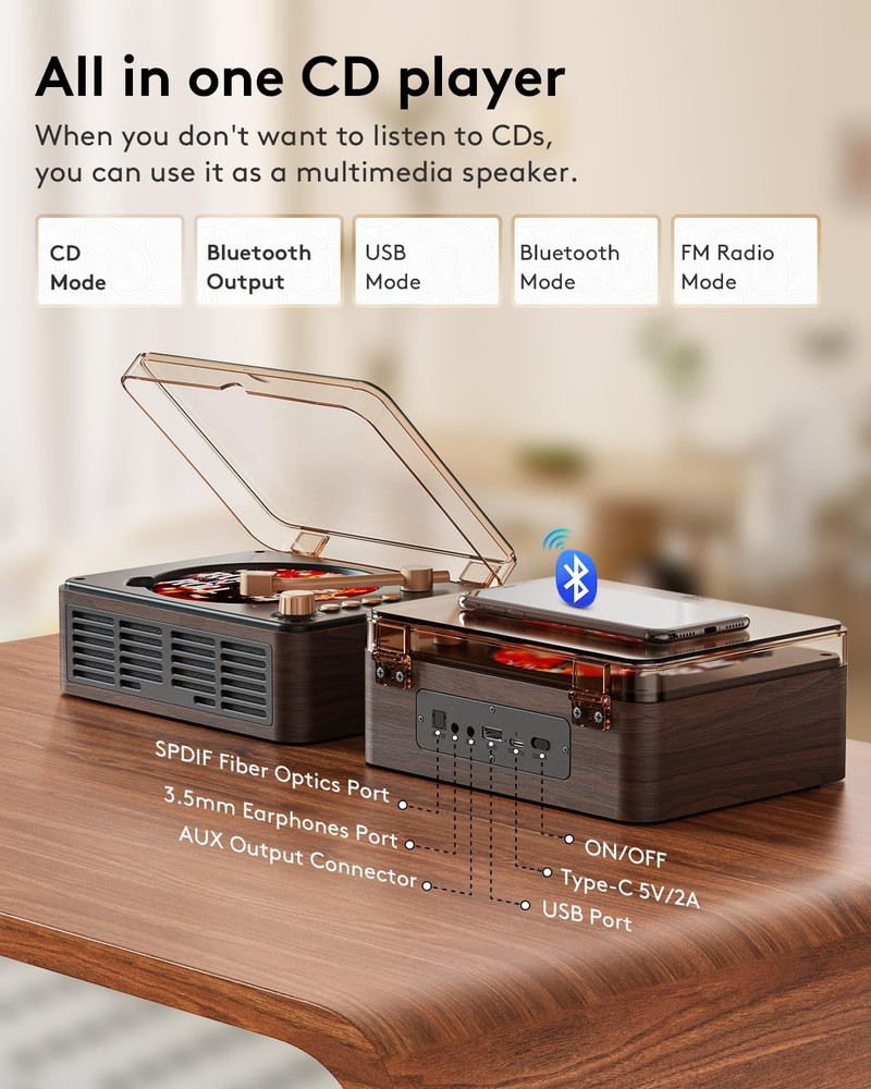 CARONSORT CD Player with Speakers Bluetooth Nostalgic Small, Walnut-Brown