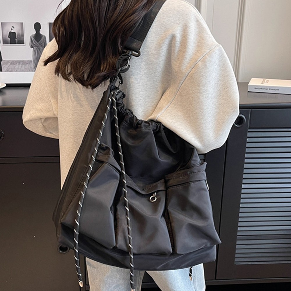 Functional Nylon Shoulder Bucket Bag with Drawstring and 3 Small Pockets
