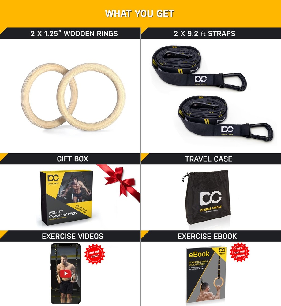 Gymnastics Rings with Quick Adjust Numbered Straps and Exercise Guide - Full ...