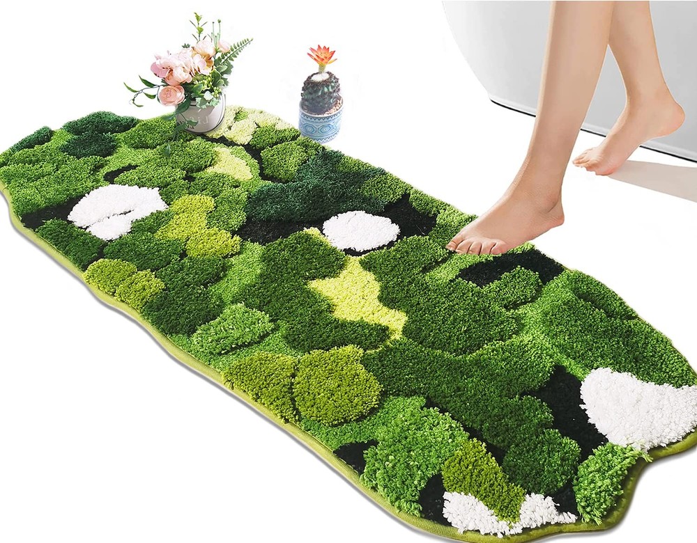 Cute Green Moss Bathroom Runner Rug Long Rectangular Boho Aesthetic Leaf Leav...