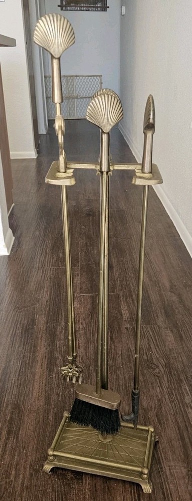 Vintage Solid Brass Fireplace Tool 5-Pc Set Scallop Shell Finial, Nautical, MCM